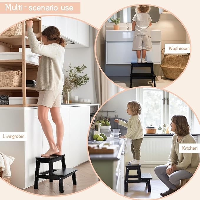 Adult & Child Wooden Two Step Stool ，Stepping Stool，Kids Step Stool Kitchen Step Stools for Bathroom– Perfect for Kitchen, Bathroom, Bedrooms & More (Black)