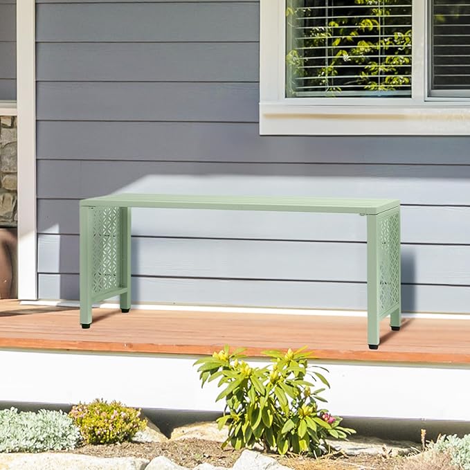 VINGLI 40in Outdoor Metal Bench, All-Weathe Backless Patio Bench with Slatted Seat＆Floral Side Panels, Rust-Resistant Garden Bench, Weatherproof Outdoor Seating for Porch Entryway Backyard (Green)