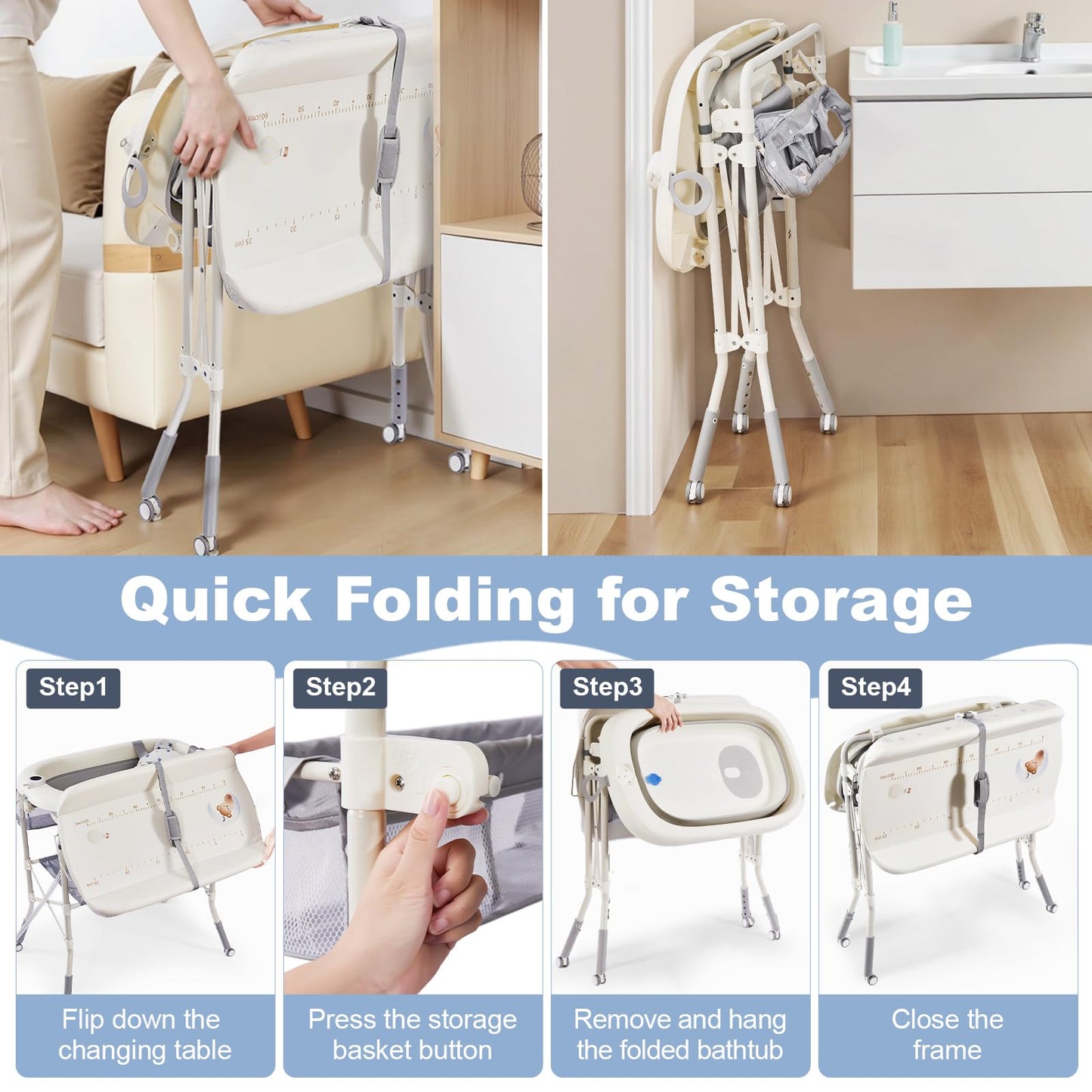 DZMDIP Baby Bathtub with Foldable Changing Table, Standing Infant Bath Tub for Newborn Toddler Shower, Portable Diaper Changing Station with Stand