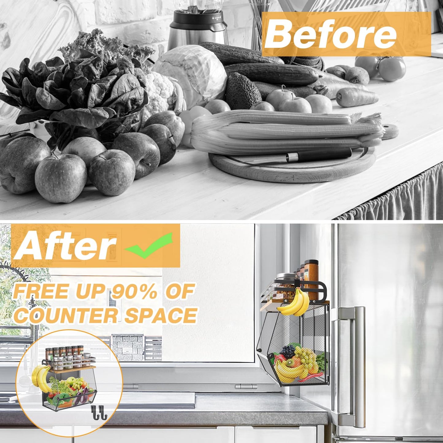 Magnetic Shelf for Fridge with Wood Lid, Large Capacity Magnetic Spice Rack for Refrigerator Kitchen Storage Bin for Fruit, Onion, Potatoes, Storage Organizer for Counter & Cabinet, Mesh Basket