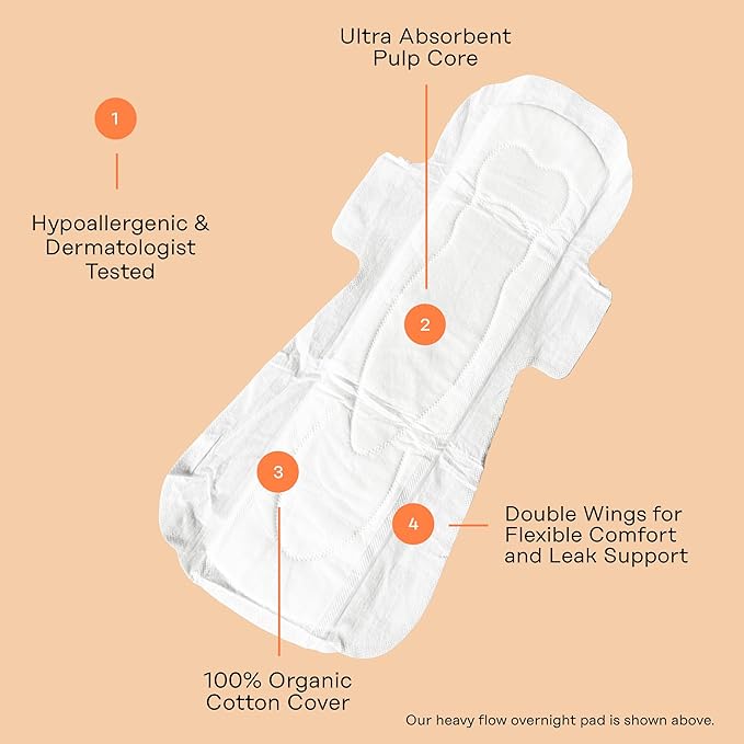 The Honey Pot Company - 64ct - Sanitary Pads for Women - Non-Herbal Heavy Overnight w/Wings - Organic Cotton Cover & Ultra-Absorbent Pulp Core - Feminine Care - FSA & HSA Eligible