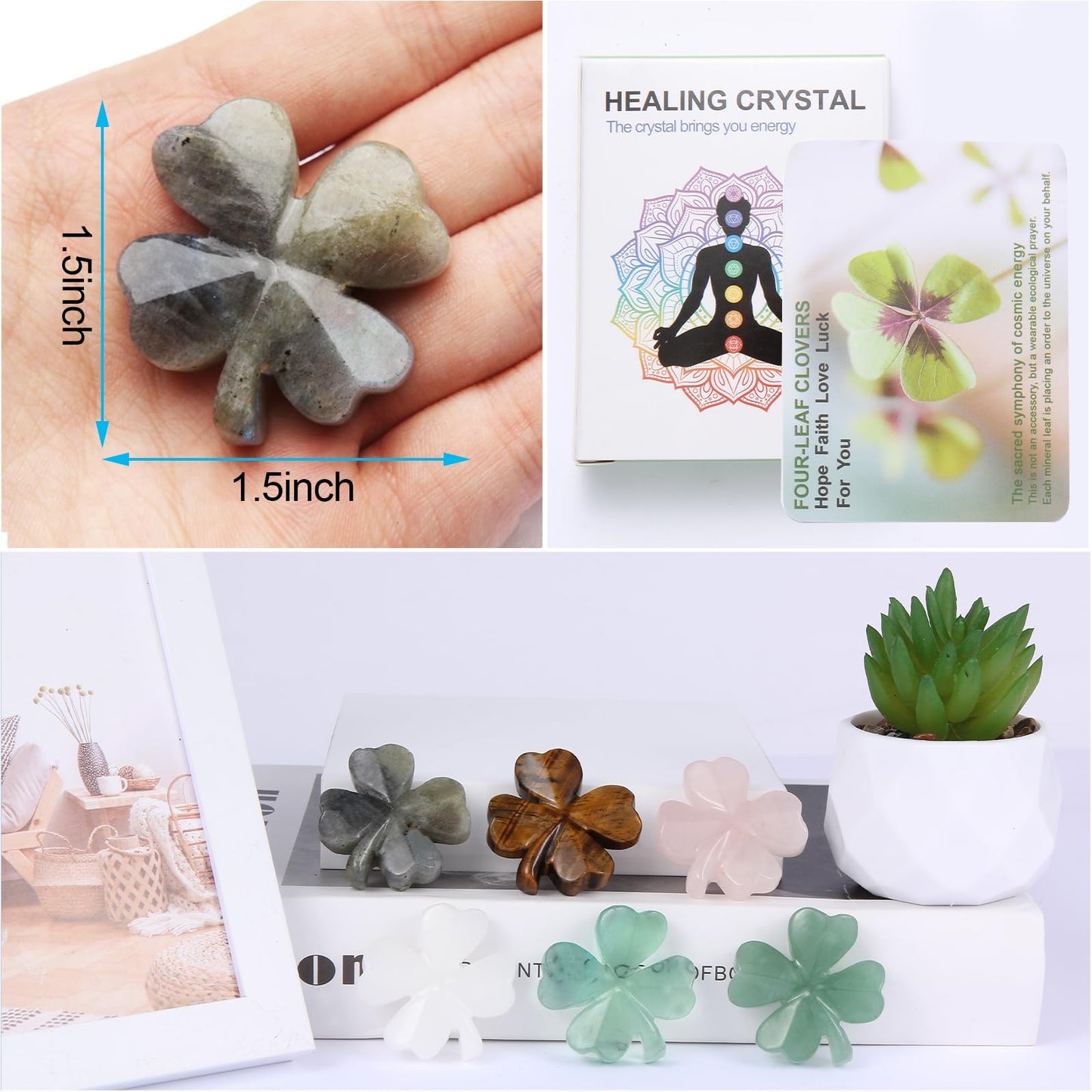 Hguxmcu Natural Labradorite Four Leaf Clover - Feng Shui Lucky Crystal for Love Positivity, Polished Healing Stone Decor, Birthday Gift for Her Gift for Women Men