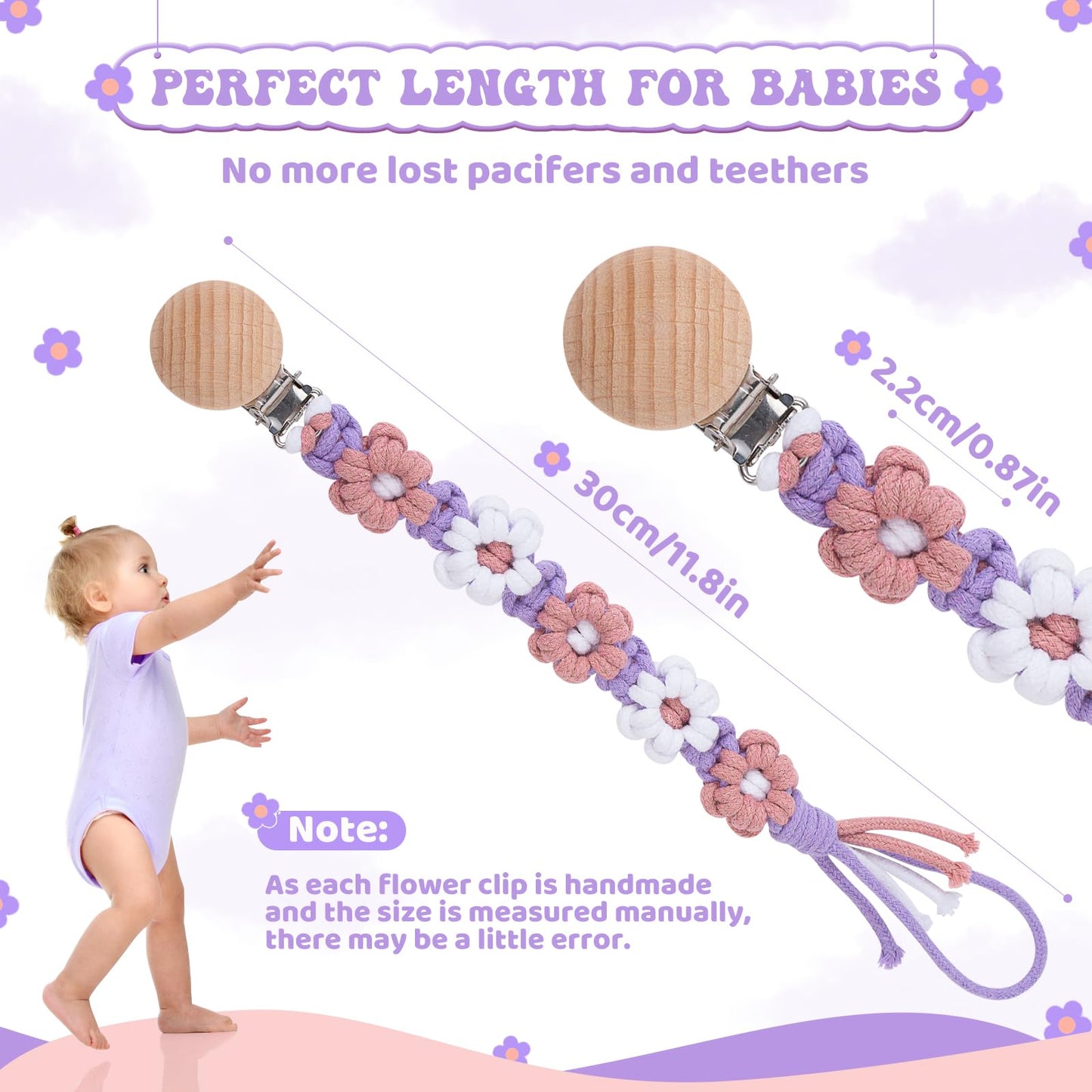 Symbolife Pacifier Clip for Boys Girls Floral Daisy Macrame Baby Paci Clip Pacifier Holder Leash Boho Wooden Clips Handmade Braided Cotton Binky Clips (2pack:Lavender Style × 2)
