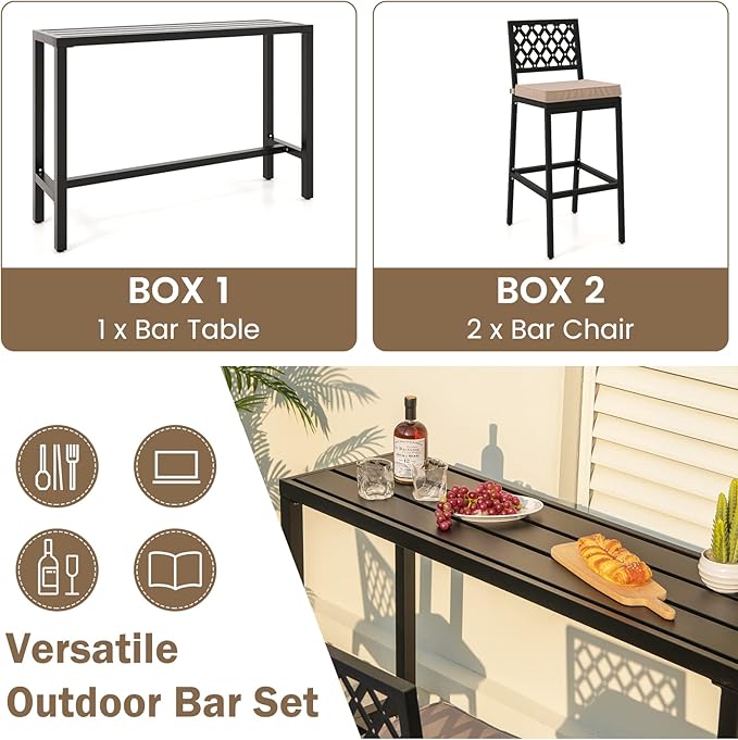 COSTWAY 3 Piece Outdoor Bar Table and Chairs Set, 55" Pub Height Bar Table & 2 Cushioned Bar Stools with Rhombus Backrest, Metal Patio Bar Table Set for Balcony, Backyard, Porch, Pool