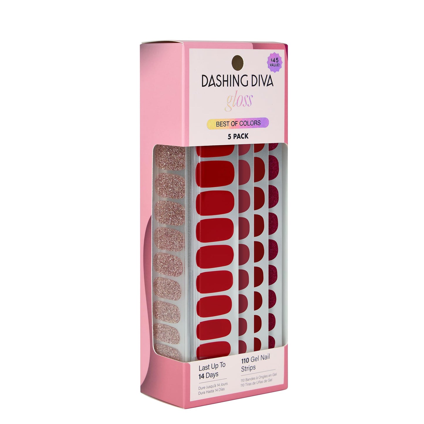 Dashing Diva Gloss Nail Strips 5-in-1 Kit - Best of Reds - UV Free, Chip Resistant, Long Lasting Gel Nail Stickers - Contains 110 wraps, 5 prep pads, 2 nail files