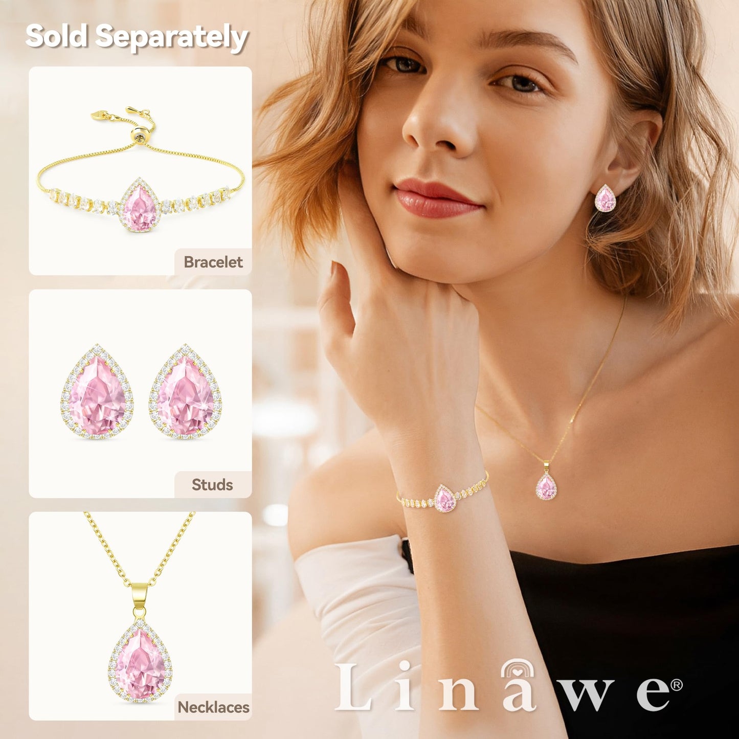 Linawe Pink Earrings Studs for Women, Imitation Diamond Morganite Cartilage Earring Set, Gold Stud Earrings Iridescent Rhinestone Crystal Teardrop Earrings Hypoallergenic