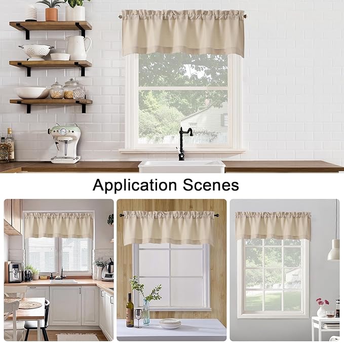 Chyhomenyc Valance for Windows, Faux Linen Slub Textured Small Valance for Kitchen Bathroom Basement, Rod Pocket Short Top Window Curtains for Bedroom, 30Wx14L inch, 2 Piece, Linen Color