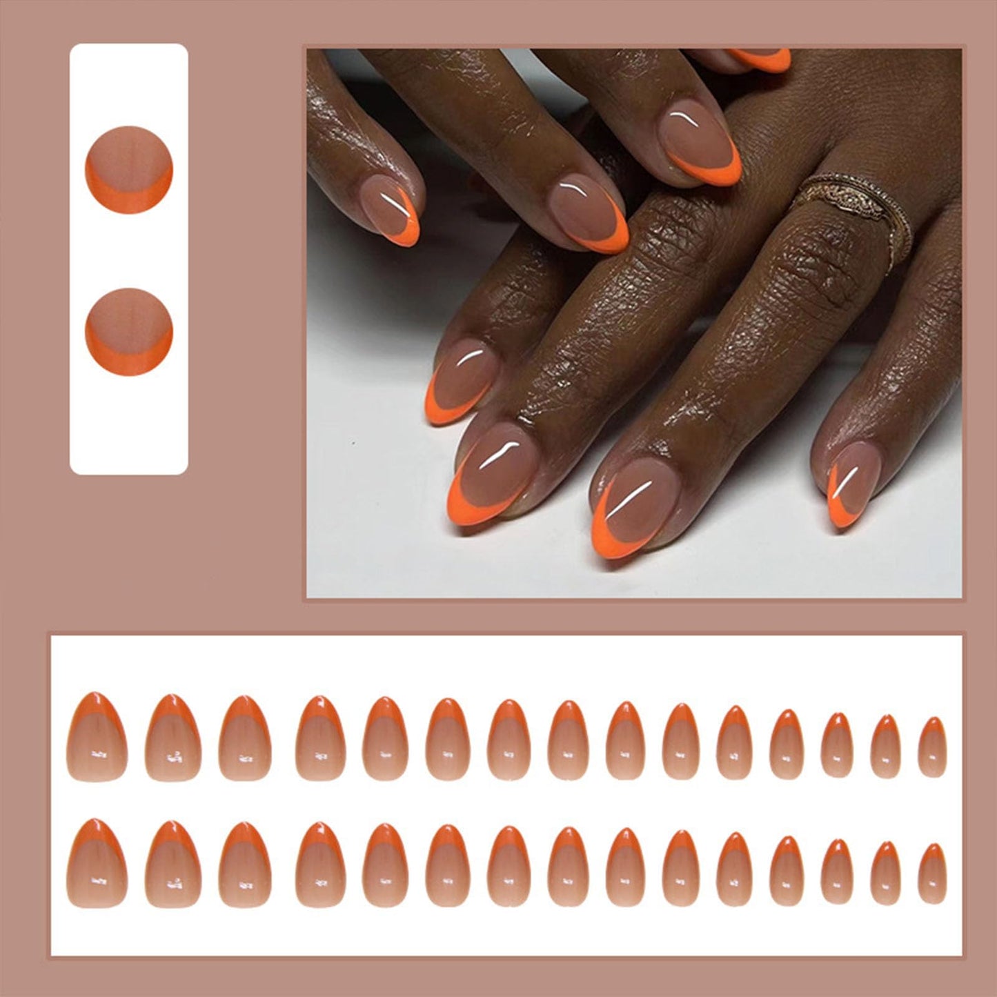 Short Press on Nails Almond Orange French Tip Glue on Nails Cute Fake Nails Full Cover Stick on Nails Glossy Artificial Nails Short Acrylic Nails Press ons Reusable False Nails for Women 30 Pcs