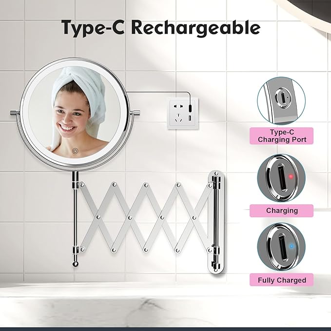 Rechargeable Wall Mounted Makeup Mirror - 8 Inch Double Sided 1X/20X Magnifying Mirror with 3 Color Lights Dimmable Touch Screen, 360°Swivel 19.6 Inch Extendable Accordion Bathroom Mirror