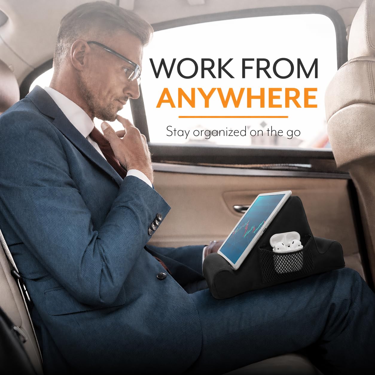 Brookstone Tablet Lap Cushion - Tablet and Phone Holder for Bed, Flights, and Travel, Two Angled Memory Foam Lap Desk for Reading and Hands Free Viewing, Compatible iPad and Kindle Accessories, Black