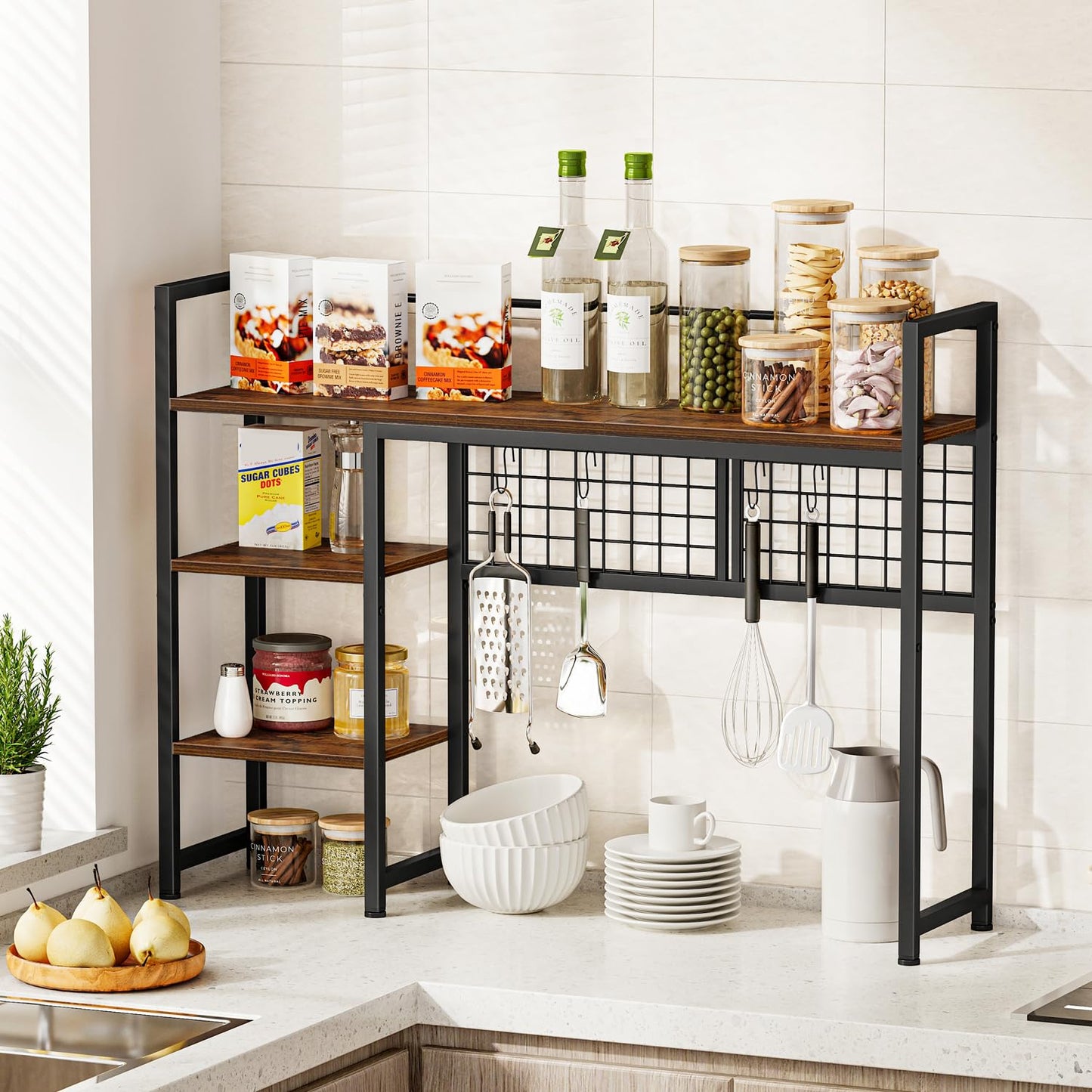 Snughome Desk Shelf, 38.6" Desktop Organizer Shelf, Desk Hutch for Computer Monitor, 4 Tier Desk Display Rack with Pegboard Hooks Set, Wood Desktop Bookshelf for Home Office Dorm