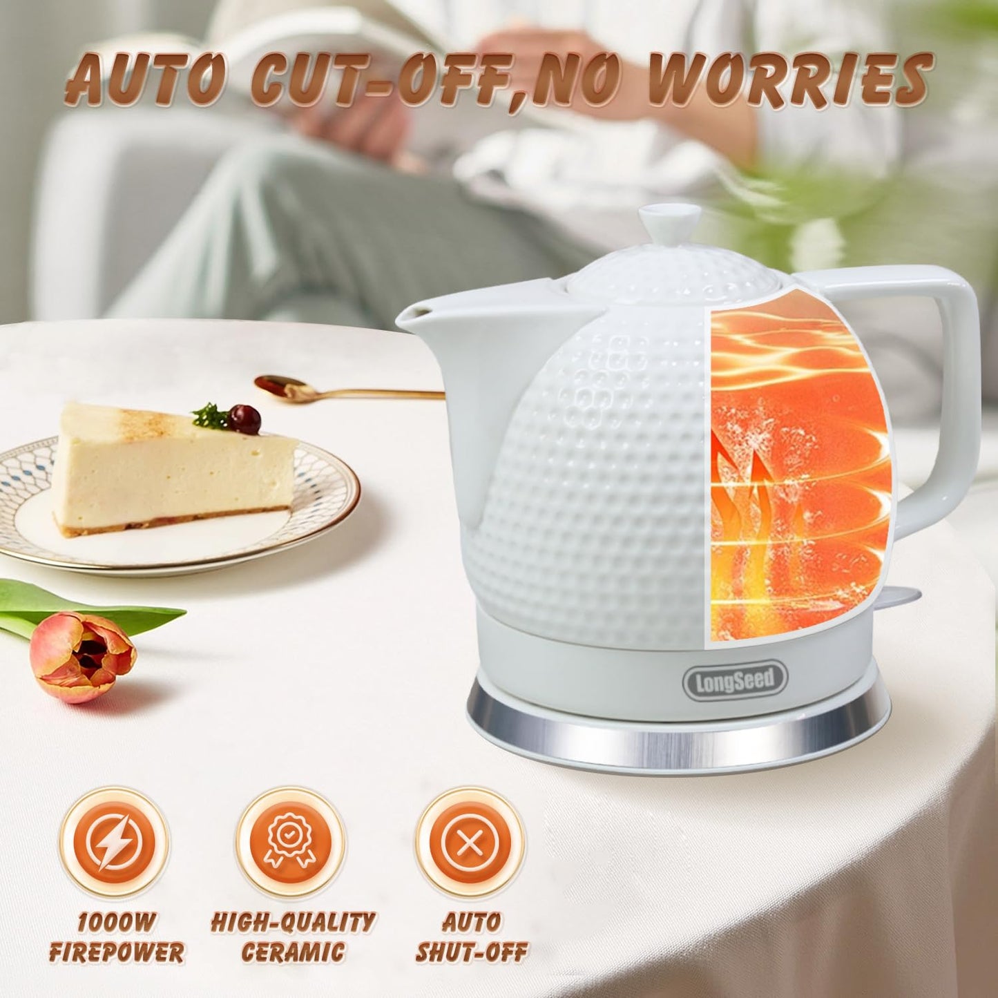 LONGSEED Electric Kettle, 1.2L Ceramic Tea Kettle with embossed design, BPA-Free,1500W Water Boiler with LED Light, Auto Shut-Off and Boil-Dry Protection,Pure white relief sculpture