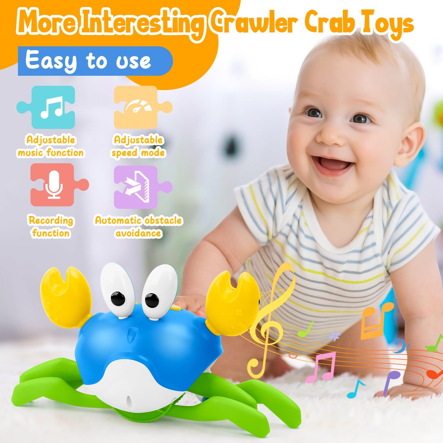 Hielse Crawling Crab Baby Toy, Increase Baby's Tummy Time Crab, Inspire Crawling, Automatic Obstacle, Rechargeable, Music, Remote Control Truck, Recording, Dancing Crab Toy RC Car for Kid Development