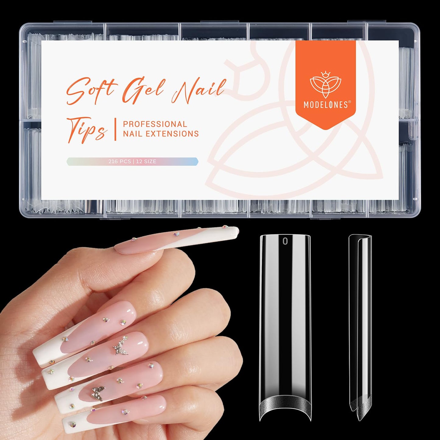 modelones Long Square Nail Tips, 2XXL Straight No C Curve Half Cover Soft Gel Tips Pre-shaped Acrylic Fake Nails False Clear Press on Extension Gel Kit Manicure DIY at Home 216PCS 12Sizes