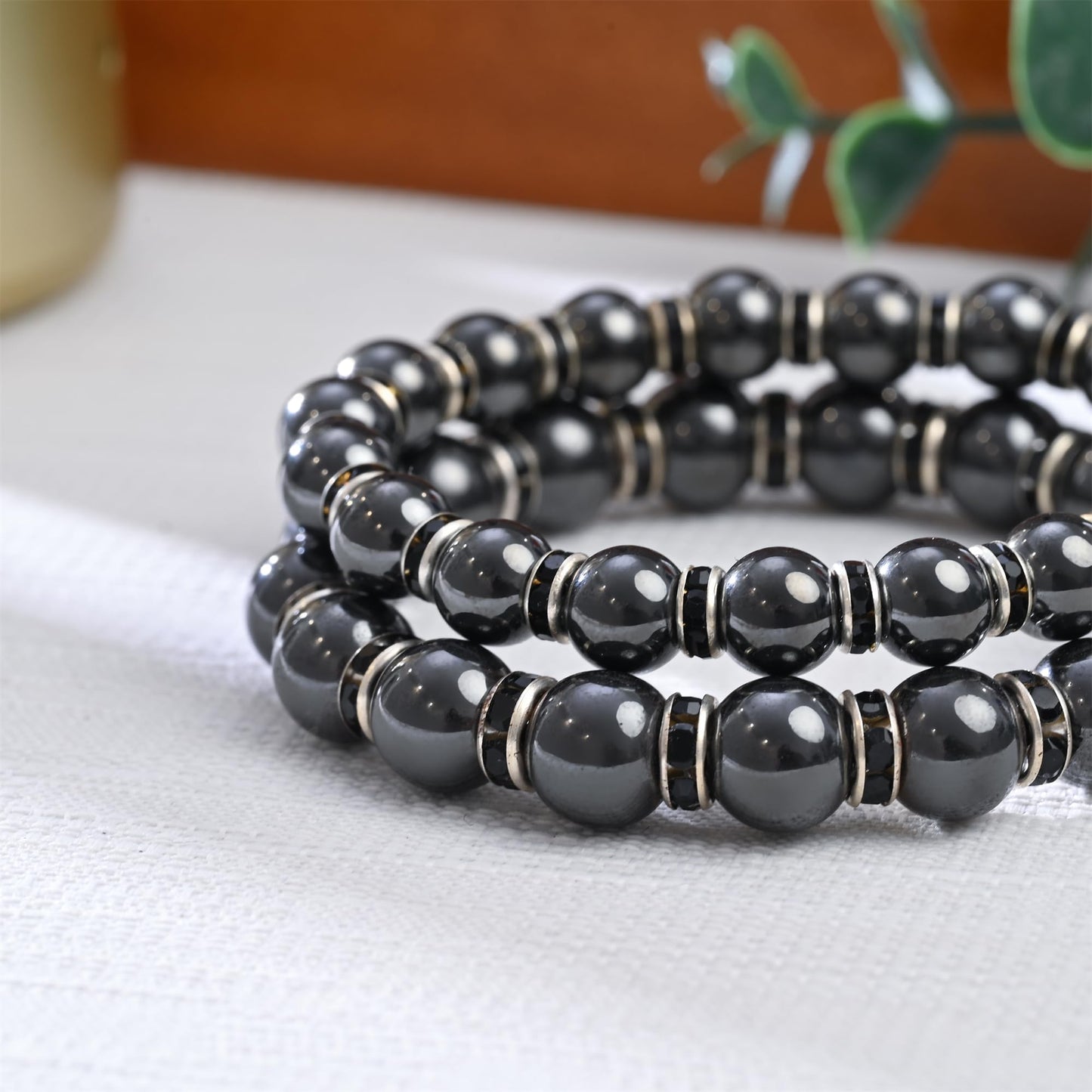 Apocalyptic-K Women's Magnetic Bracelet，Hematite Bracelets，Magnetic Bracelets With Zirconia,Handmade Stretch Bracelet，Eliminates static electricity. (6MM Black&8MM Zirconia)