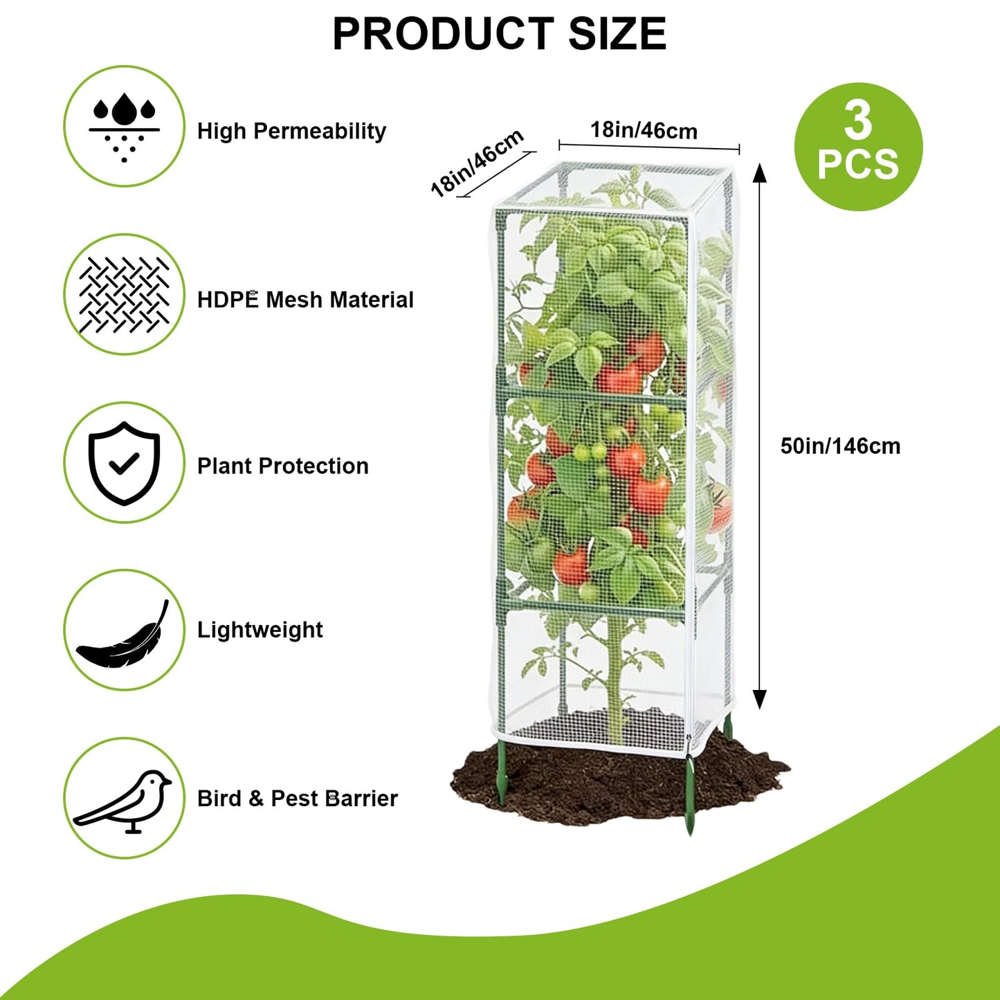3Pack Garden Bird Netting for Square Tomato Cage, 59" x 18" Garden Netting Pest Barrier Mesh Plant Cover Tomato Cage Net with Zipper & Drawstring, Insect Barrier Tomatoes Protective Cover for Plants