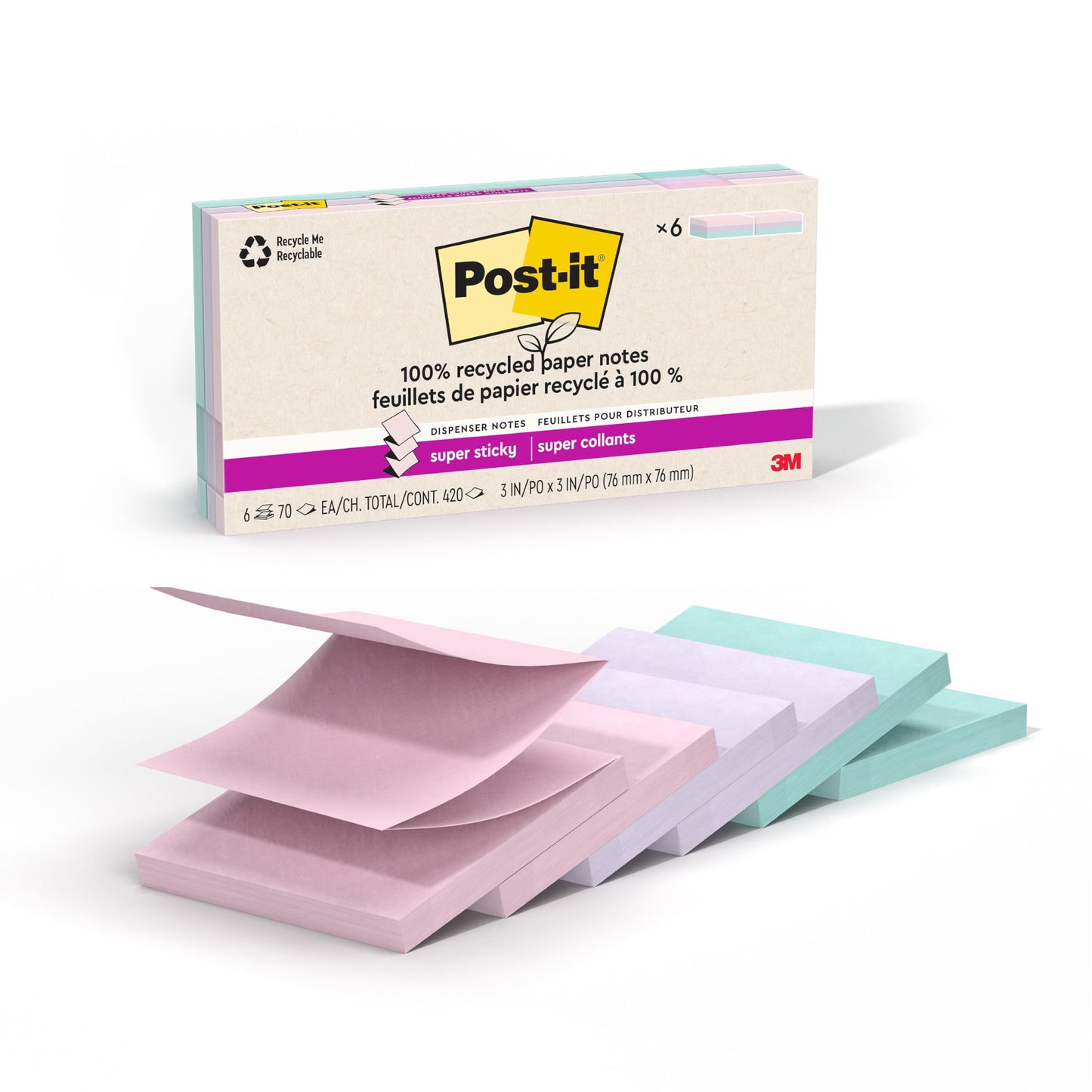 Post-it Super Sticky 100% Recycled Pop-up Notes, 3 in. x 3 in., 70 Sheets, 6 Pads, Wanderlust Collection, School Supplies and Office Products