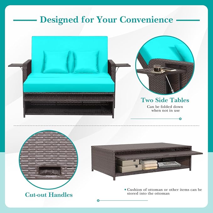 HAPPYGRILL Patio Rattan Wicker Daybed with Loveseat & Storage Ottoman, Outdoor Lounge Sofa Furniture Set with Adjustable Backrest & Side Trays, for Poolside Deck Porch Lawn (Mix Brown & Turquoise)