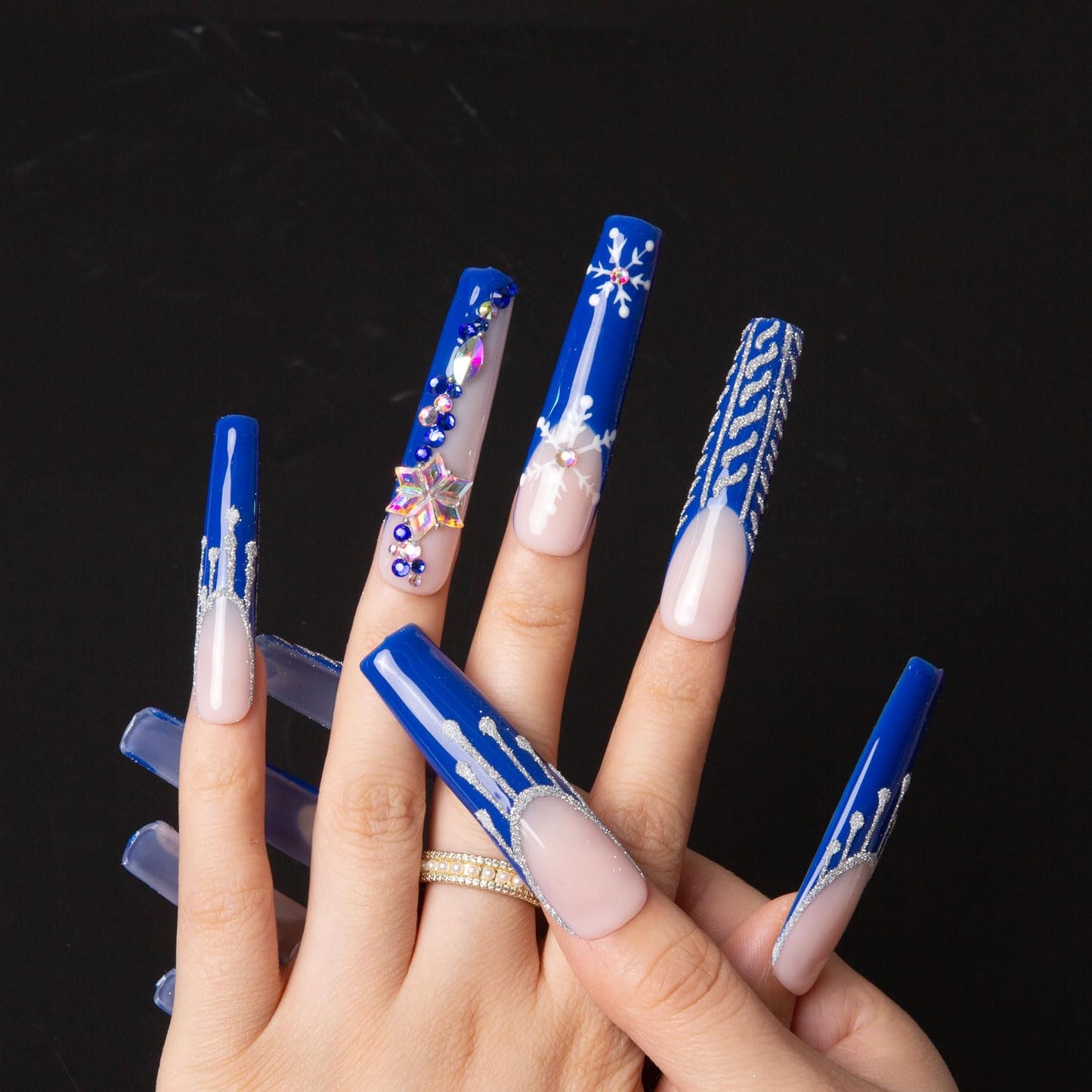 LOVFUL Press on Nails Snow Waltz Blue French Tip| Handmade with Full Covered Crystals | Reusable Fake Nails | Square Long 2.2 in | H140-M