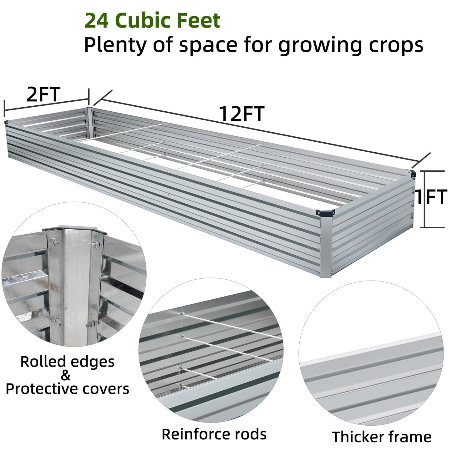 Meberam 2 Pack 12x2x1FT Galvanized Raised Garden Beds Kit Outdoor Metal Gardening Planter Box for Vegetable Elevated Flower Herbs,Silver