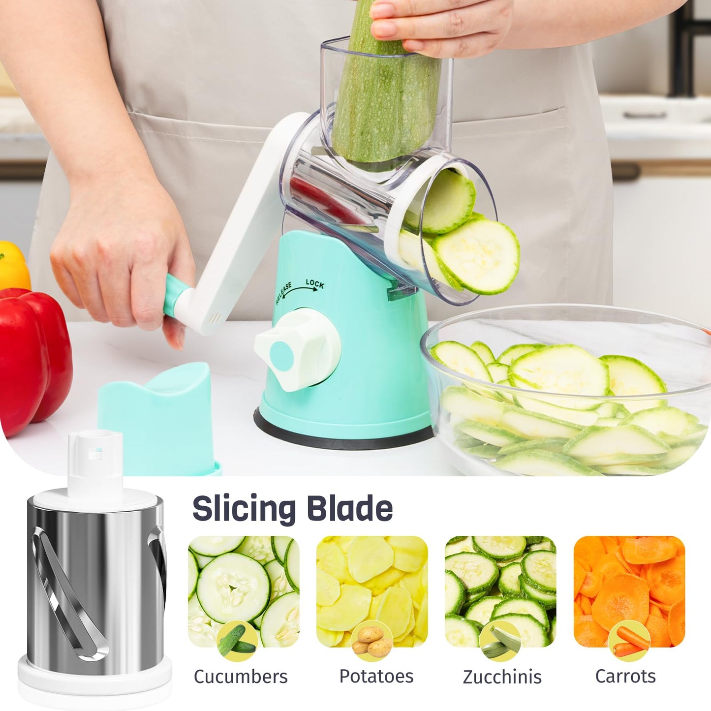 Nexsujo Cheese Grater Hand Crank, Rotary Cheese Shredder with 3 Interchangeable Blades for Coarse, Fine Shredding and Slicing, Strong Suction Base for Pizza, Pasta, Salad, Vegetables, Nuts, Chocolate