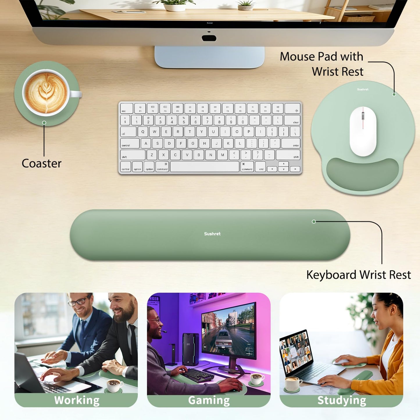 Sushret Mouse Pad and Keyboard Wrist Rest, 3-in-1 Gel Memory Foam Ergonomic Mouse Pad with Wrist Rest Set,Gaming Mousepad Arm Cushion Support for Computer Office Desk Accessories Cute Setup,Sage Green