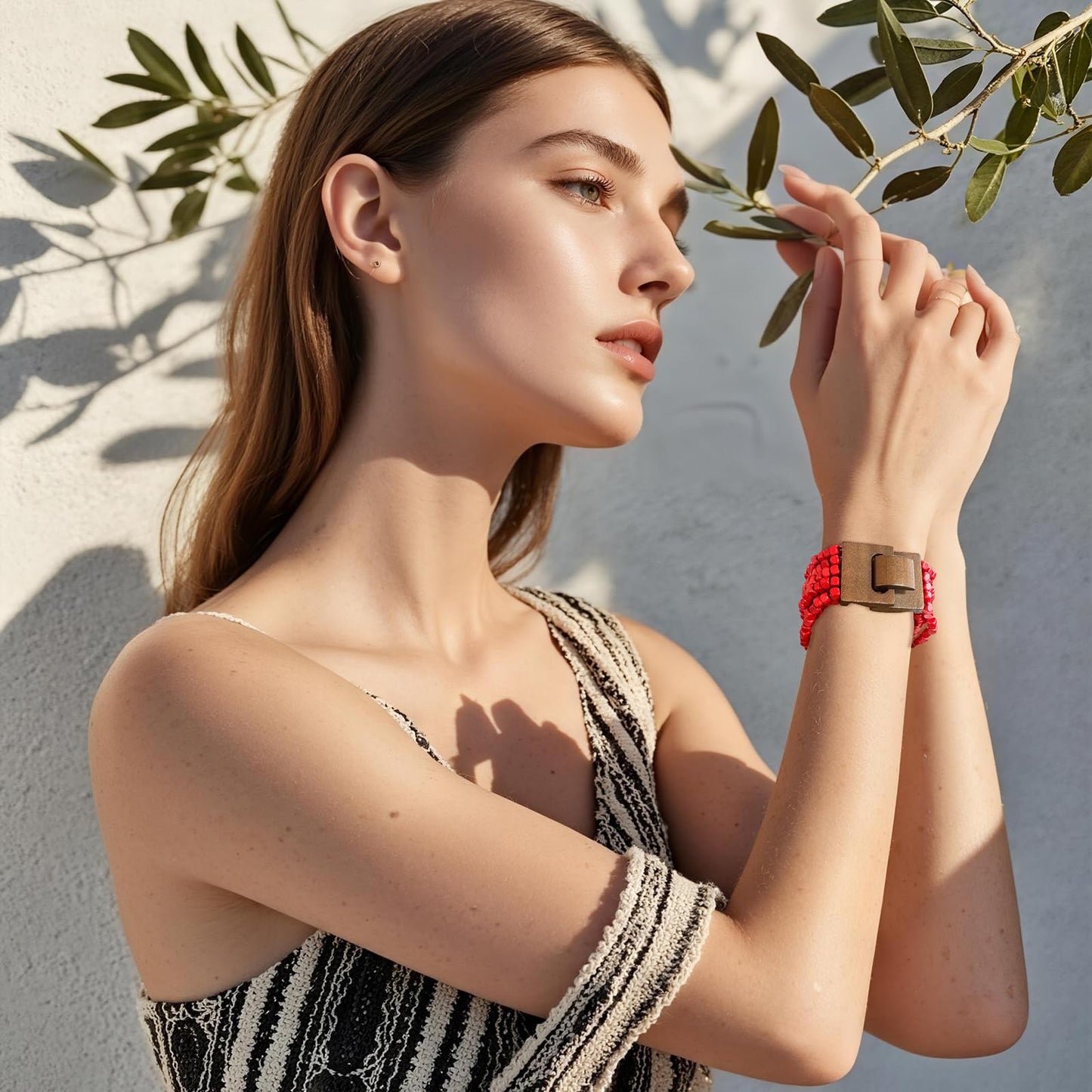 Coiris Boho Bangle Bracelets for Women Wooden Beaded Bracelets Chunky Bohemian Beach Bracelets Jewelry for Women(BR1235-Red)