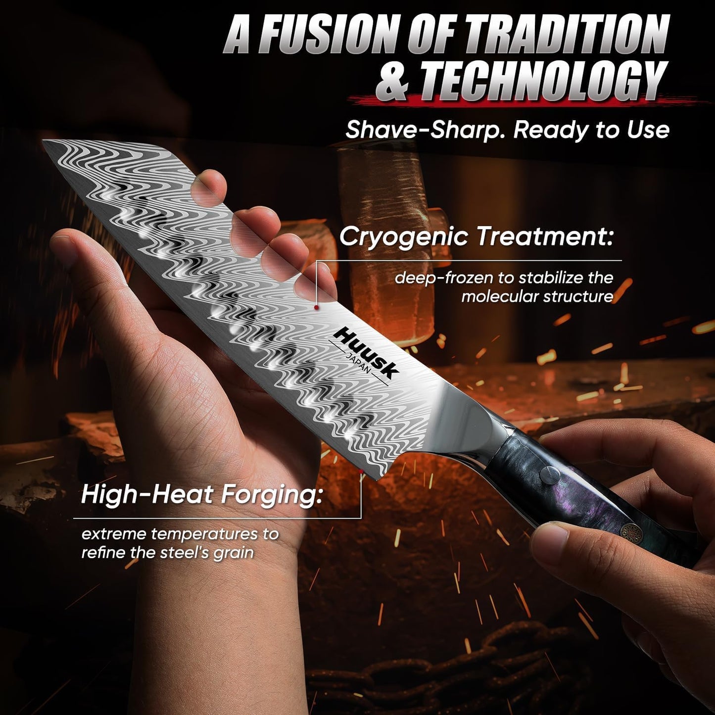 Huusk Japanese Knife Set 3 PCS - Stainless Chef Knife Set with Sheath & Ergonomic Resin Handle, Hand Sharpened Full Tang Professional Kitchen Knives for All Purpose, Gifts Idea for Men Women
