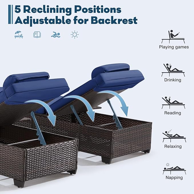 Outdoor Lounge Chairs, Pool Lounge Chairs Set of 2, Outdoor Chaise Lounge with Adjustable Backrest & Cup Holder,Light Navy Blue Cushion