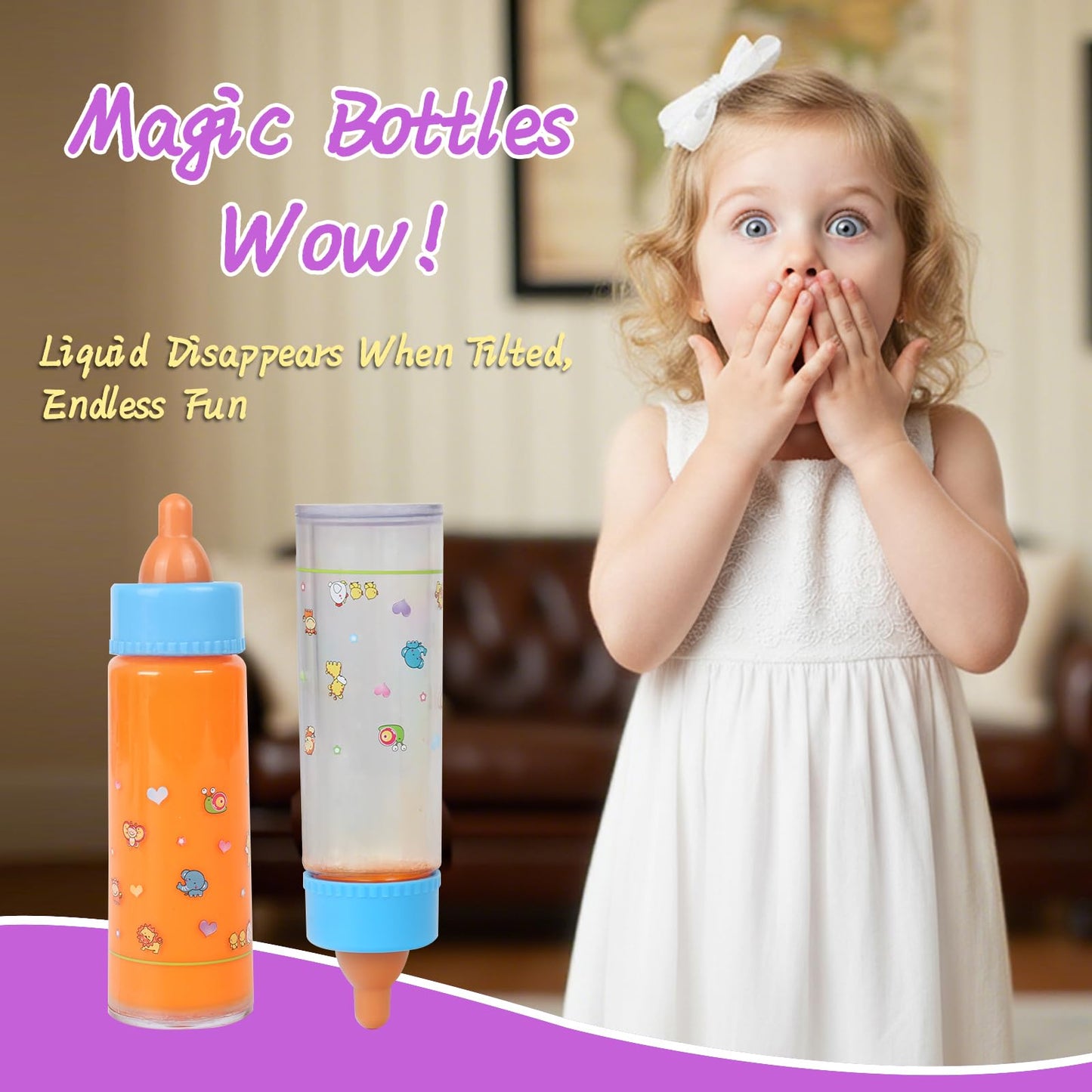 CARANOVO 6-Piece Baby Doll Feeding Set – Magic Bottles & Pacifiers for 10–24 Inch Dolls, Disappearing Milk & Juice Bottles, Pretend Play Accessories for Kids