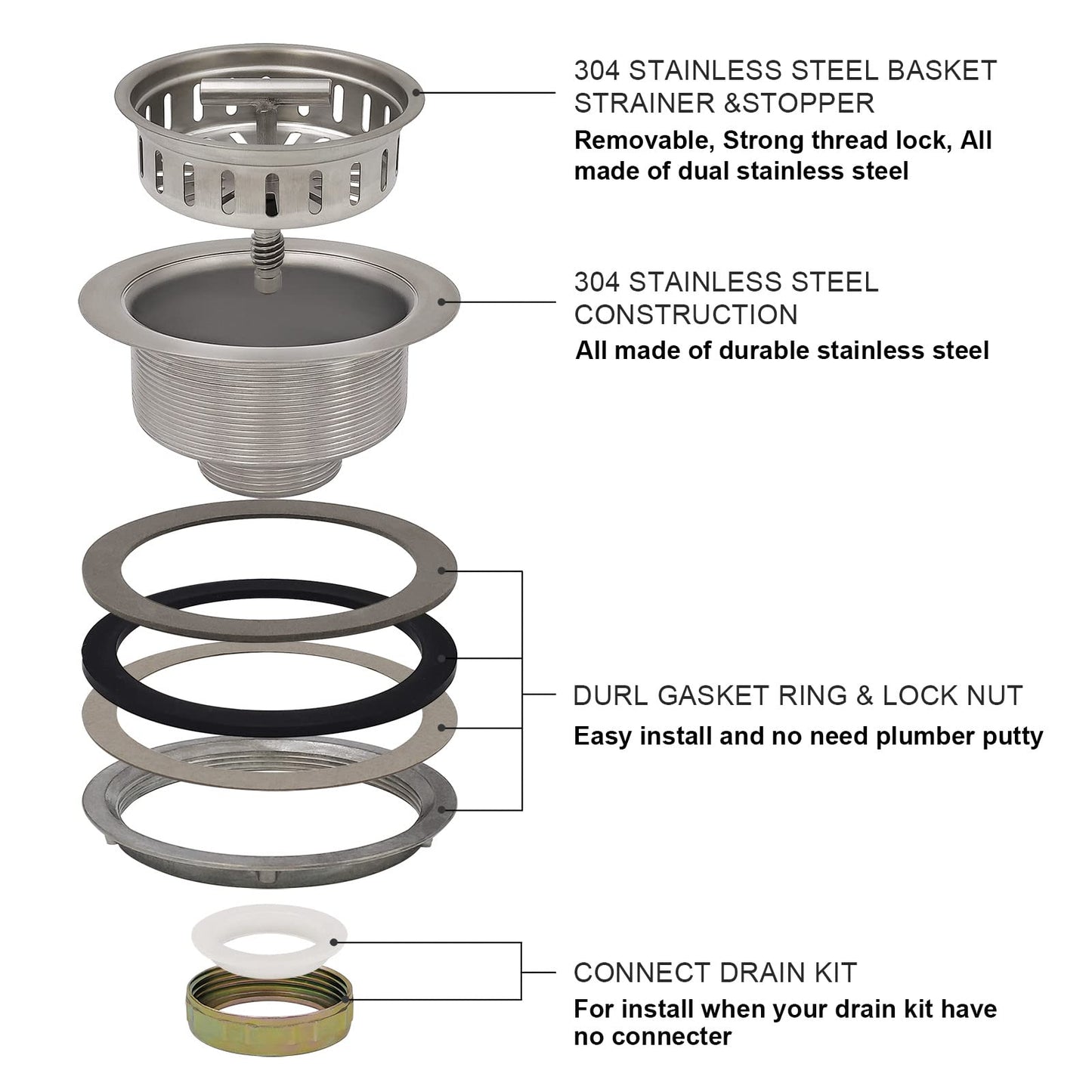 EADOT 3-1/2 Inch Brushed Nickel Sink Strainers for Kitchen Sink, Stainless Steel Kitchen Sink Drain Strainer Assembly with Strainer Basket And Drain Stopper, US Standard Kitchen Sink Drain Replacement