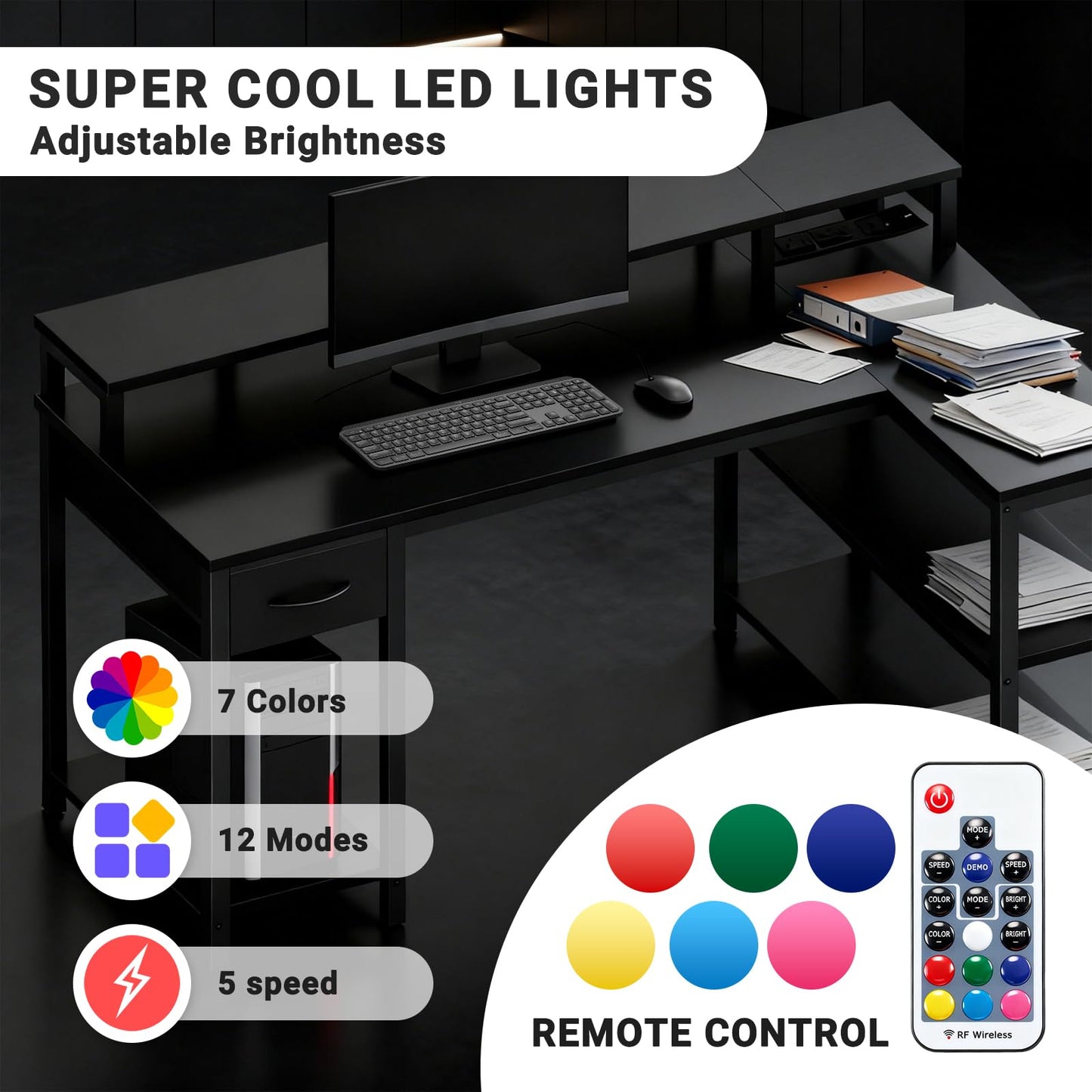 Simple Deluxe 47-inch L-Shaped Gaming Desk with LED Lights & Power Outlets, Reversible Corner Computer Desk with Monitor Riser, Drawer & Shelves, for Home Office, Black