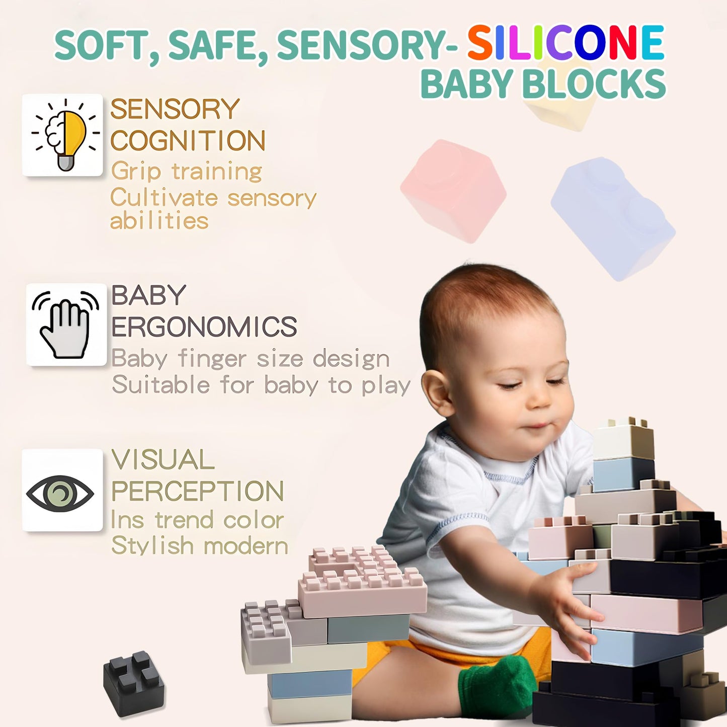 Montessori Toys Bundle – Sensory Balls for Toddlers & Silicone Blocks 24PCS, Multiple Textures Hand Catching Baby Balls, Baby Rattle 3-6 Months, Stacking Soft Blocks for Babies 1-3, Educational Play