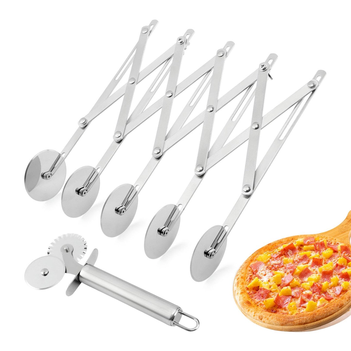 5 Wheel Pastry Cutter, Stainless Pizza Slicer, with1 Pc Double Wheel Cutter, Expandable Dough, Multi-Round Pastry Knife Baking Roller Cookie Dough Divider