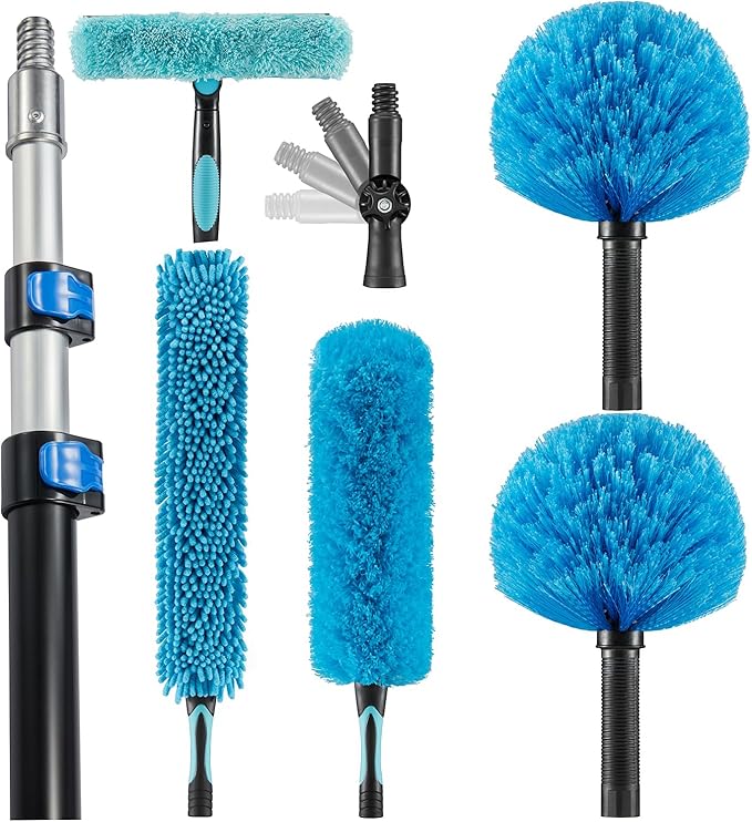 Hicavar 20 Foot High Ceiling Fan Duster with 5-12 Foot Extension Pole, Extendable Reusable Cobweb, Feather, Window Cleaning Squeegee Kit Blue