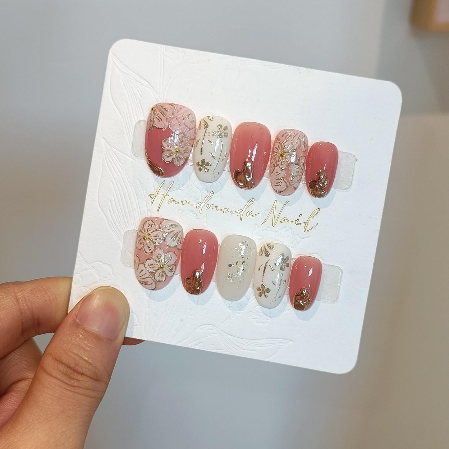 TENPAL Short Oval Press on Nails,Peach Yogurt Base Glue on Nails,Hand-Painted Cloisonné Florals False Nails Press ons,Artisan Chinese Style Fake Nails Kit,Enamel Wire Inlay Nail Art Tools 10pcs(S)
