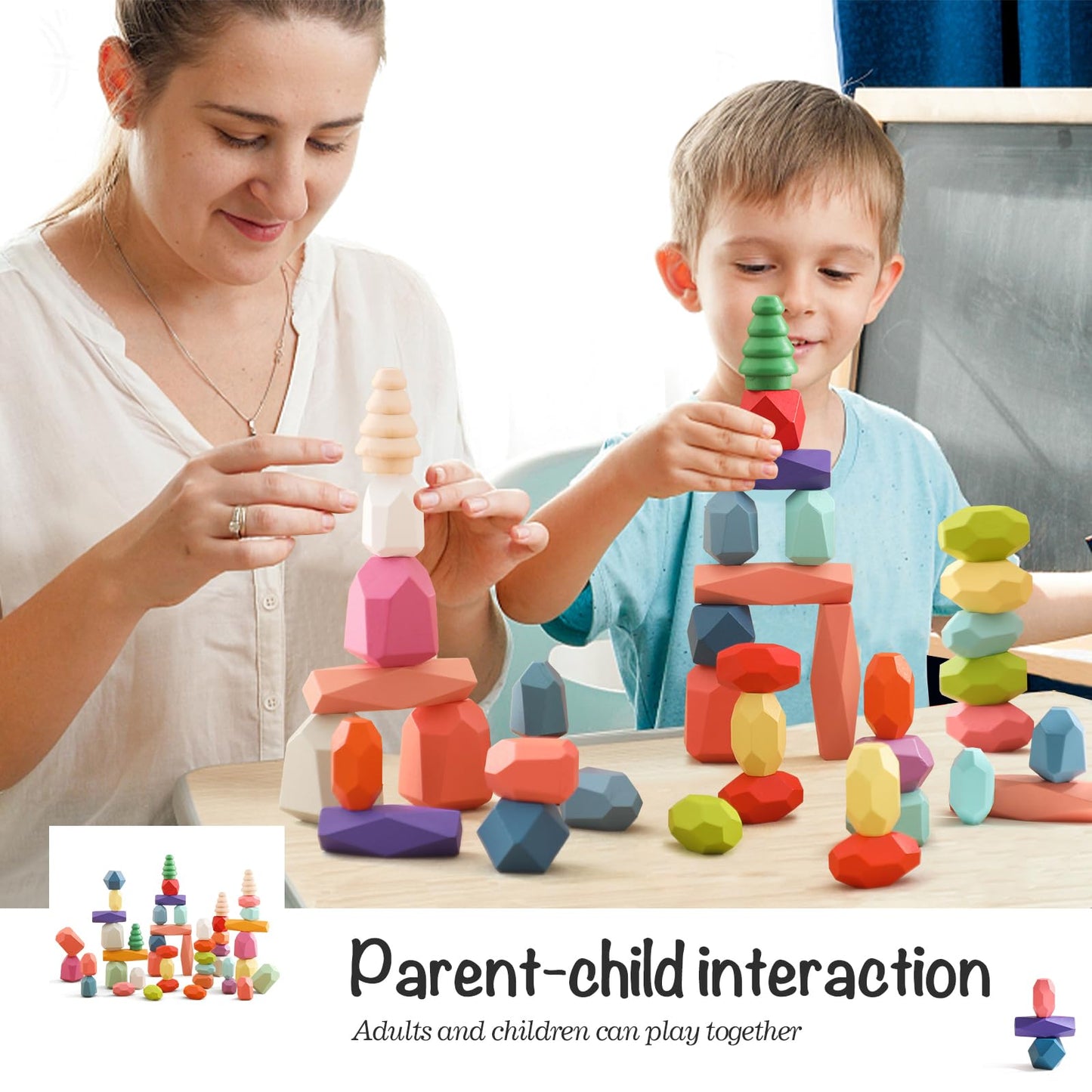 OESSUF Stacking Rocks 48Pcs Stacking Blocks Balancing Stacking Stones Wooden Building Toys Wood Stone Stacking Game for Toddler Sorting Preschool Educational Montessori Stacking Rocks for Kids