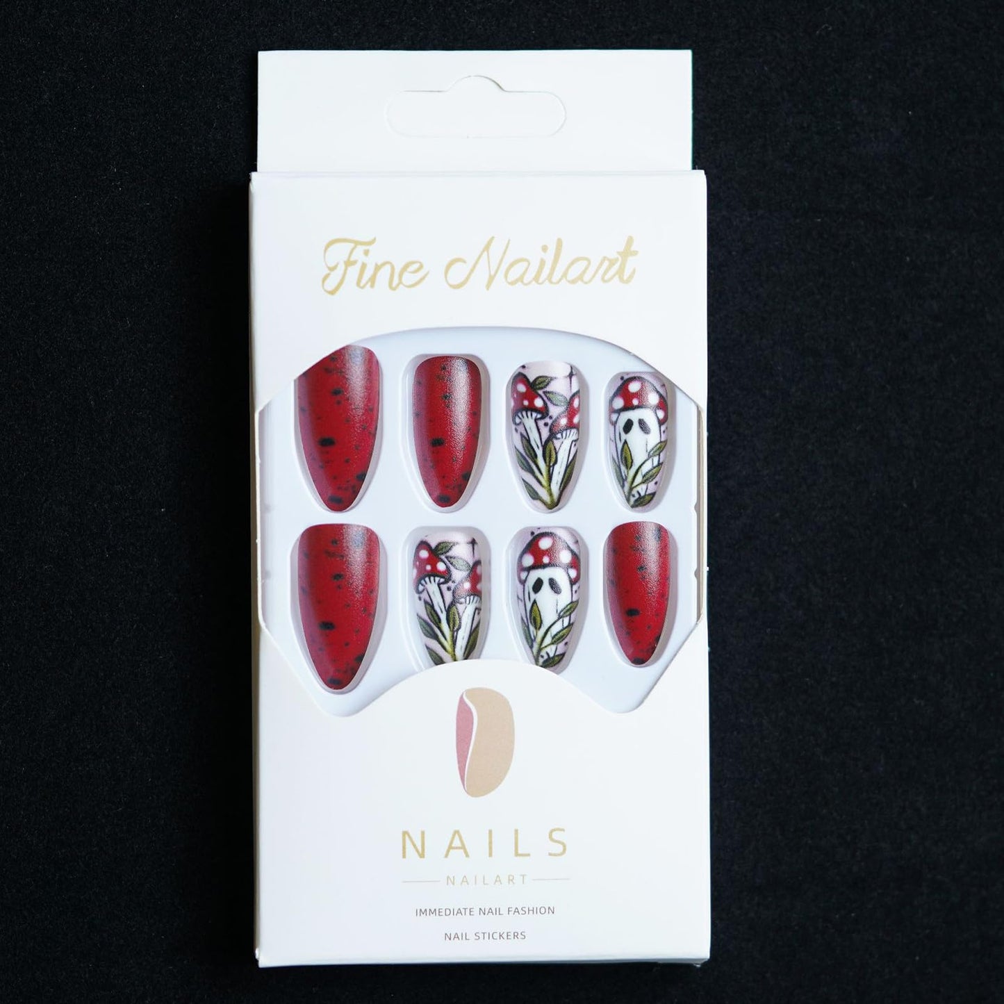 24Pcs Halloween Press on Nails Almond Long Fake Nails Matte Full Cover False Nails with Mushroom Ghost Designs Artificial Acrylic Nails Press ons Cute Halloween Stick on Nail for Women