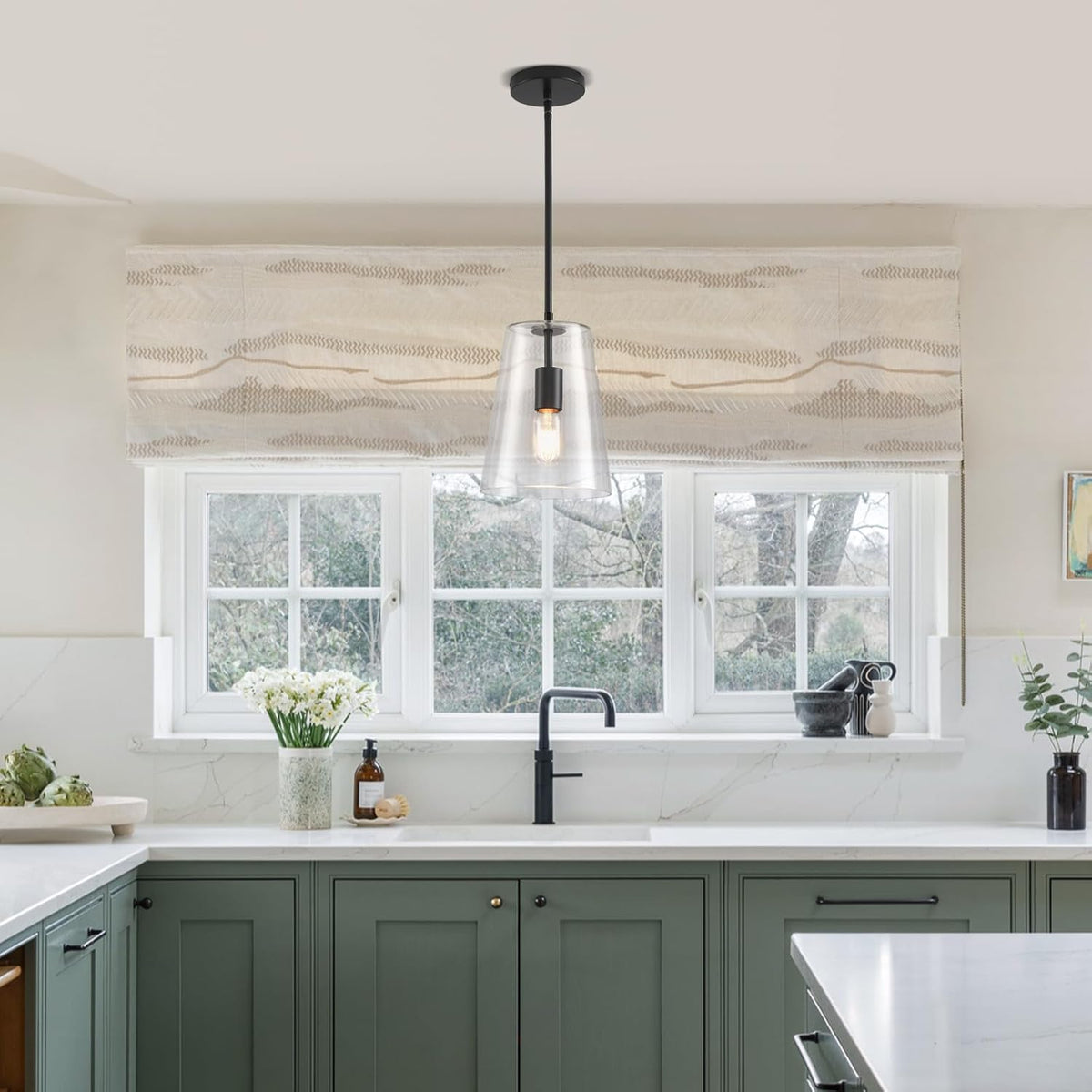 Black Big Pendant Lights Kitchen Island - Clear Glass Pendant Light Fixture Multiple Stems Rods 3 Units 12 Inch 3 Units 4 Inch (2 Pack Black Downrod Pendant with 7.5in W 9.5in H Shade)