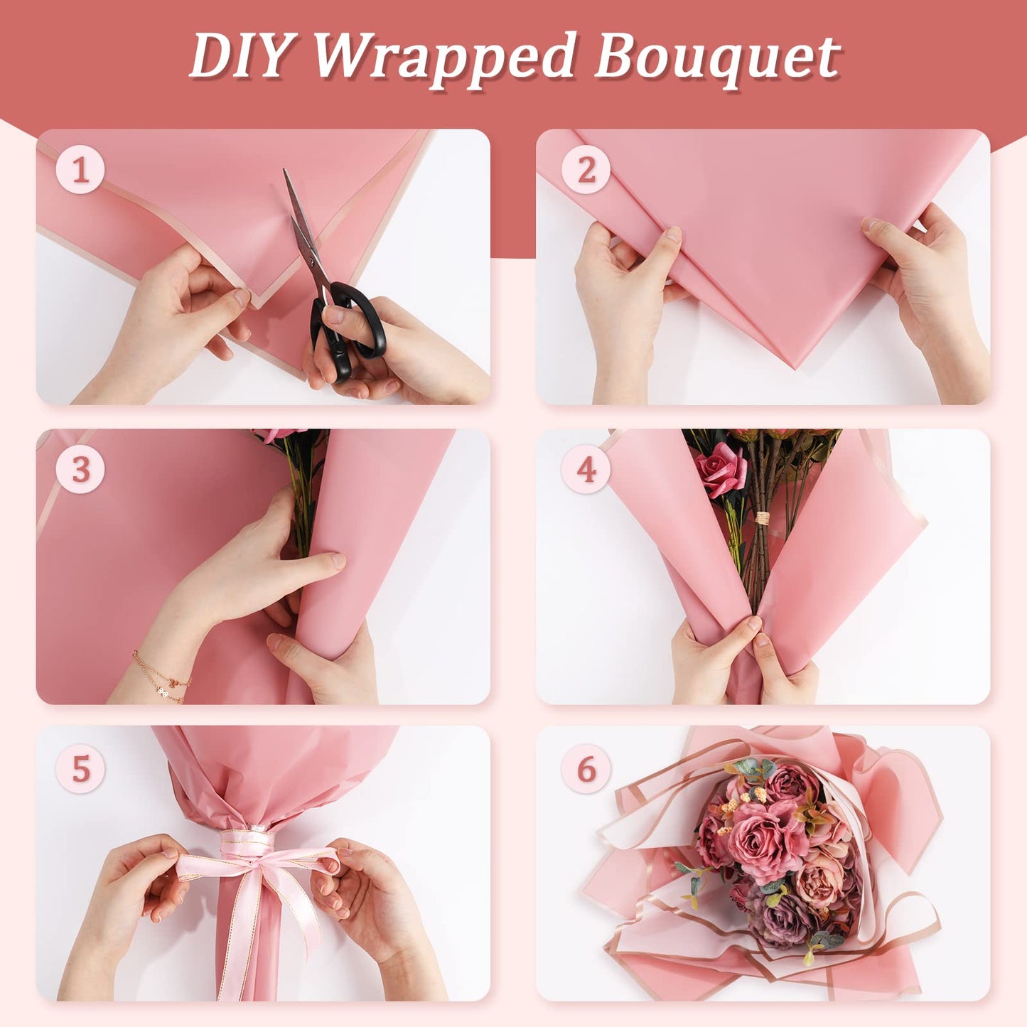 Whaline 30 Sheets Floral Wrapping Paper Folded Flat Pink Flower Bouquet Wrap Paper with Rose Gold Edge Waterproof Double Sided Florist Packaging Paper for Wedding Birthday