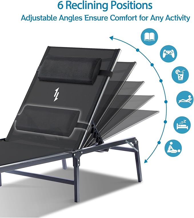 Foldable Chaise Lounge Chair with Cup Holder, Assemble-Free Outdoor Lounge Chair with Detachable Pillow and 6 Adjustable Backrest, Patio Lounge Chair for Outside Poolside Beach Pool, Black