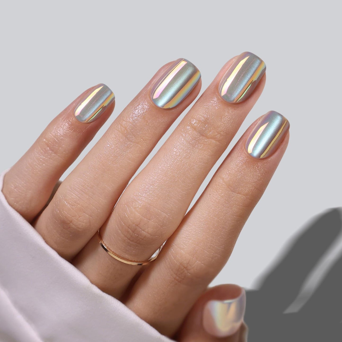 Chrome Cat Eye Press on Nails Short - SHANGMENG Soft Gel Winter Silvery White Nails Square for Women, Glossy Glue on Nails in 16 Sizes - 32 Reusable Fake Nails Kit with Glue, Moonlight