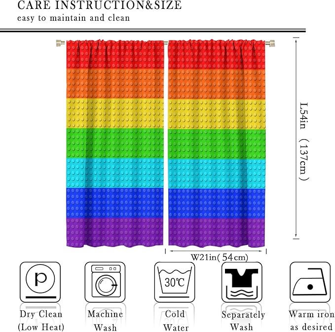 Colorful Building Block Toy Curtain Rod Pocket Children's Nursery Rainbow Contour Plastic Toy Brick Geometric Print Pattern Curtain Boys Girls Bedroom Playroom 2 Panels 42x54in