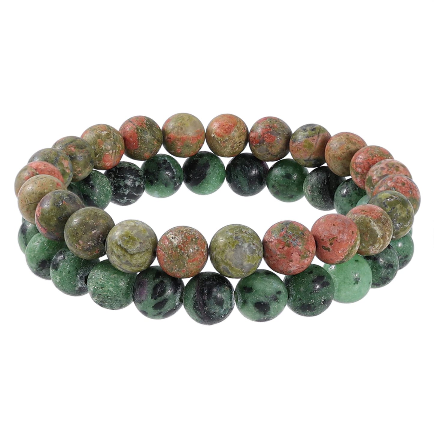 Bivei Natural Gemstone Semi Precious Crystals Handmade Stretchy Round Beads Bracelet, Enhance Positive Energy,Stocking Stuffers for Women(Unakite & Green Agate (Recovery) Medium)