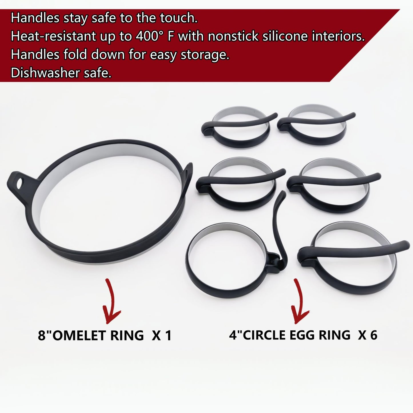 GAGAQI Nonstick Silicone Egg & Omelet Ring Kit,4" Egg Rings & 8" Omelet Ring, Egg Rings for Frying Eggs, Pancakes, Patties and English Muffins, 7 Piece Set (BLACK)