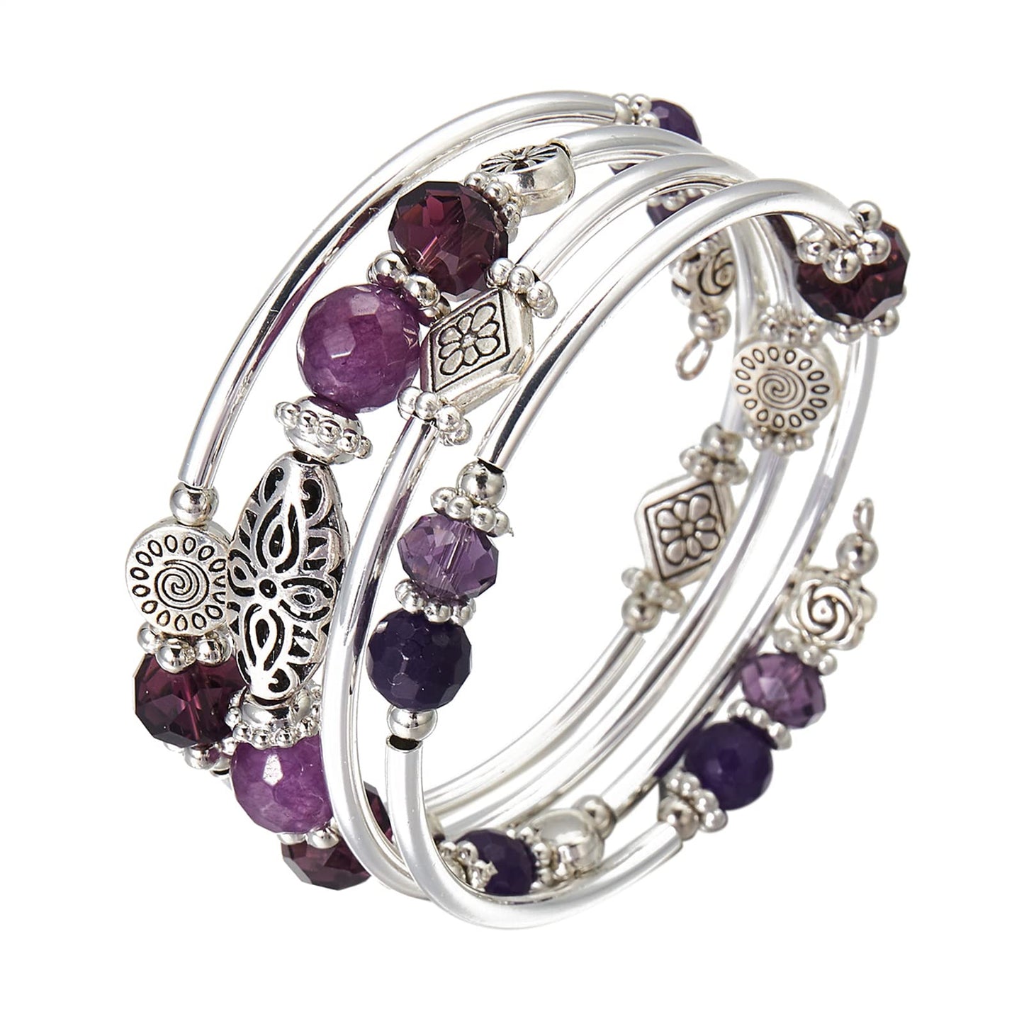 FULU AUTUMN Stackable Beaded Bracelets for Women Boho Wrap Silver Bracelet Layered Fashion Jewelry Gifts for Her(Purple)