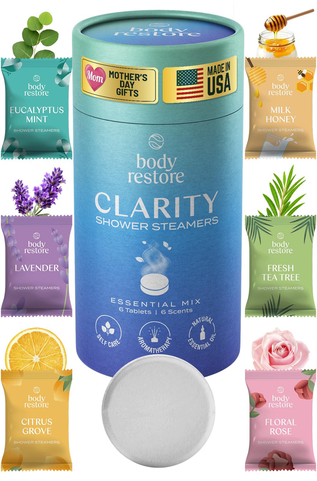 Body Restore Shower Steamers Aromatherapy 6 Pack – Mothers Day Gifts for Mom, Birthday Gifts for Women, Relaxation Stress Relief Self Care – Clarity