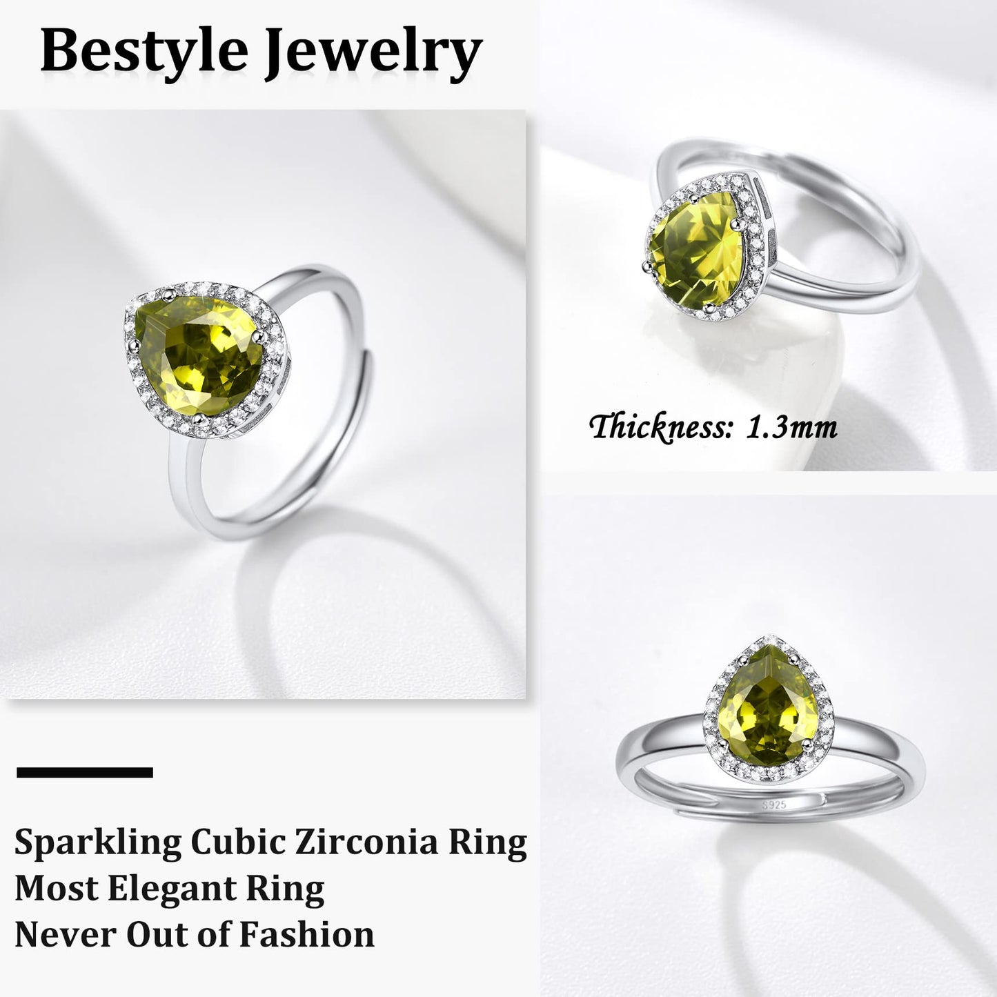 Bestyle 925 Sterling Silver Infinite Birthstone Rings August Teardrop Peridot Crystal Rings, Dainty Love Statement Rings Adjustable, Minimalist Gift on Birthday/Valentines/Thanksgiving/Christmas
