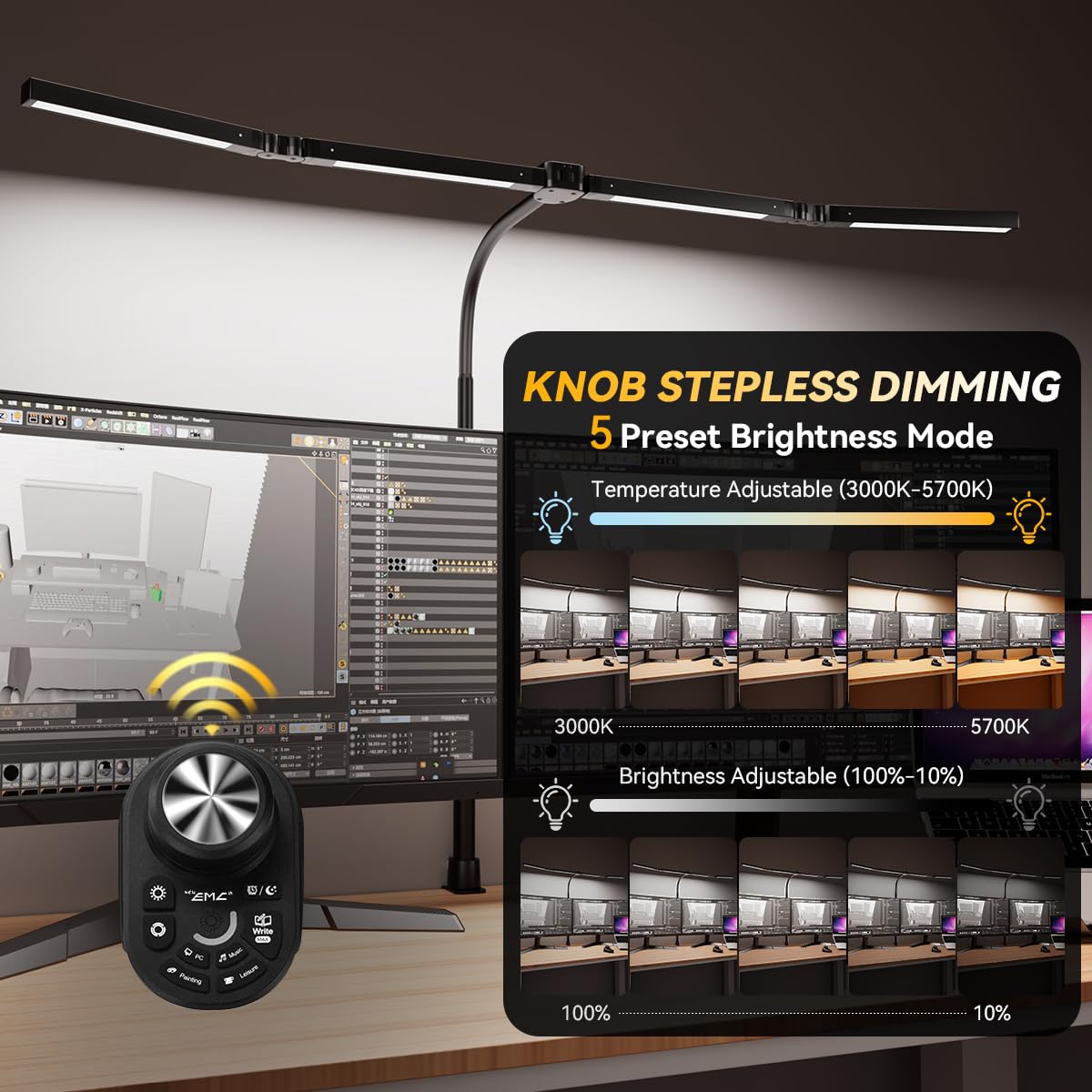 Adjustable LED Desk Lamp with Clamp, 4-Head Eye-Caring CRI95+ Desk Light, Stepless Dimming & Color Temp Remote Control, Flexible Neck, 5-Mode for Reading, Computer, Crafting, 90" Wide Desk Coverage