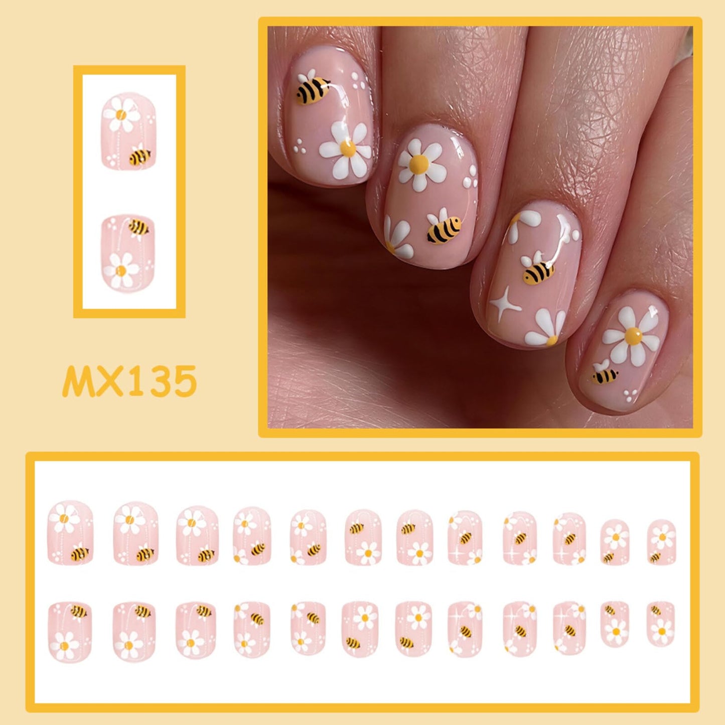 Bee Daisy Press on Nails Short Square Design Soft Nude Base with Cute Daisy Flower Patterns Glossy Finish Reusable Spring Summer Floral Stick on Nails Suitable for Casual Looks Artificial Nails 24 Pcs